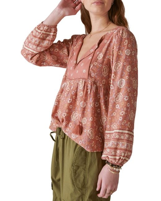 Lucky Brand Red Floral Print Long Sleeve Peasant Blouse