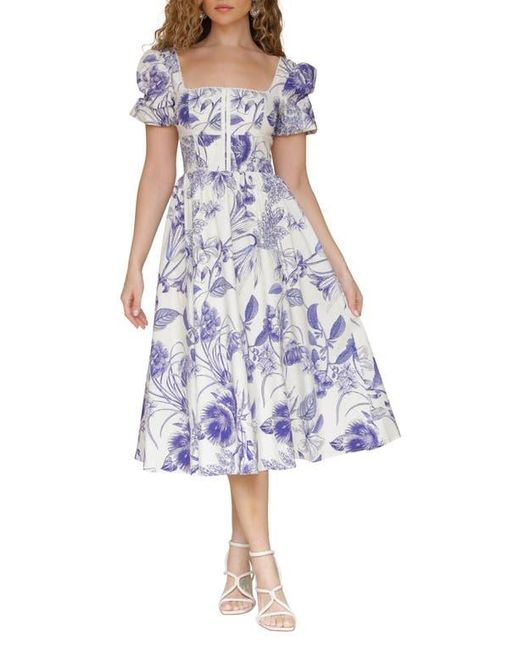 Avec Les Filles Purple Botanical Print Corset Bodice Stretch Cotton Midi Dress