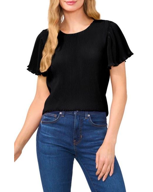 Cece Black Flutter Sleeve Plissé Top