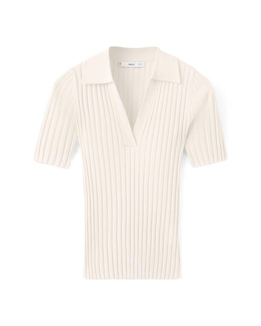 Mango White V-Neck Rib Sweater