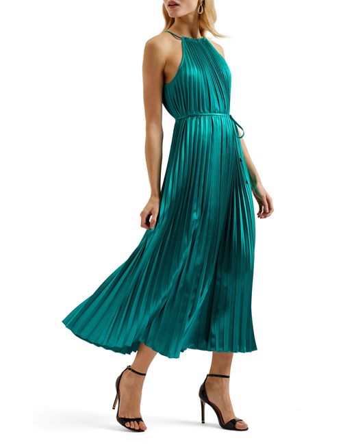 Ted Baker Green Melike Pleated Satin Midi Dress