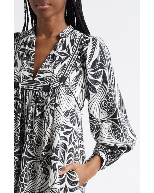 Farm Rio Black Monochrome Elegance Scarf Print Long Sleeve Linen Blend Minidress
