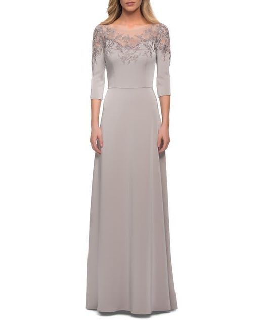 La Femme Gray Jersey Mother Of The Bride Gown With Lace Neckline