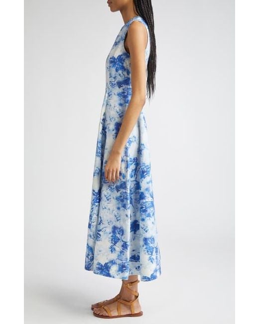 Lafayette 148 New York Blue Floral Sleeveless Silk & Linen Fit & Flare Dress