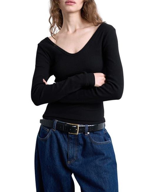 TOPSHOP Black Double V-Neck Long Sleeve Stretch Cotton Rib Top