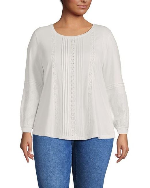 Lands' End White Lightweight Jersey Lace Mix Long Sleeve Pintuck Top