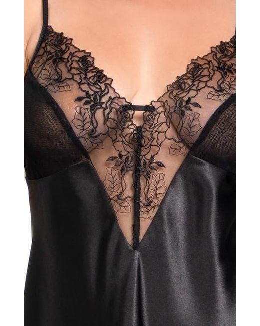In Bloom Black Tasha Dotted Mesh & Lace Trim Satin Chemise