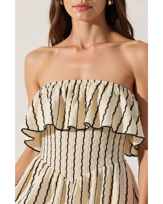 Modenaire Natural Textured Strapless Mini Dress With Ruffled Bodice And Fitted Waist