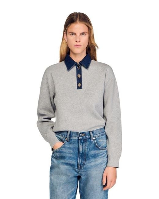 Sandro Blue Sweater With Denim Collar