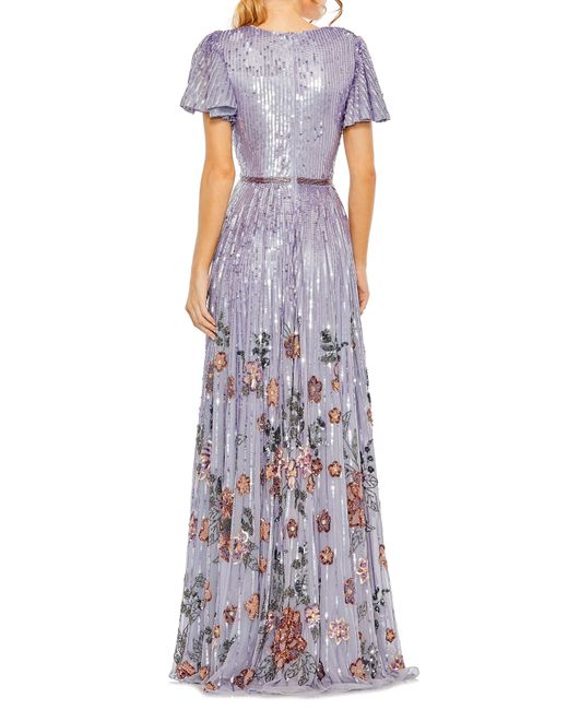 Mac Duggal Purple Sequin Floral Flutter Sleeve Gown