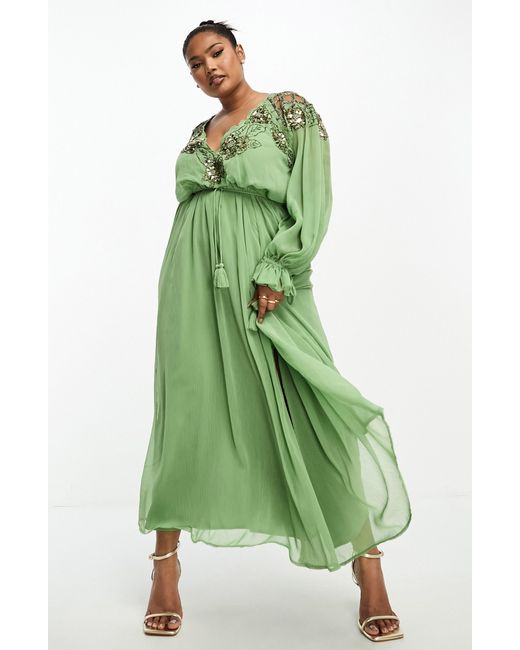 ASOS Green Floral & Lattice Detail Tie Waist Maxi Dress