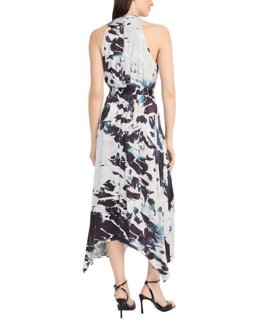 Maggy London Blue Abstract Print Belted Handkerchief Hem Midi Dress