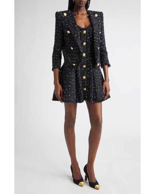 Balmain Black Chain Strap Polka Dot Tweed Fit & Flare Dress