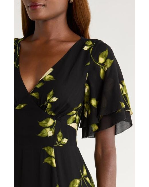 Reformation Black Salvia Floral Flutter Sleeve Mermaid Dress