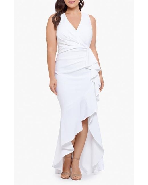 Betsy & Adam White Sleeveless High-Low Ruffle Gown