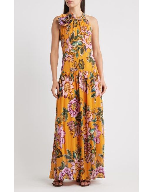 Farm Rio Orange Wonderful Bouquet Halter Maxi Dress