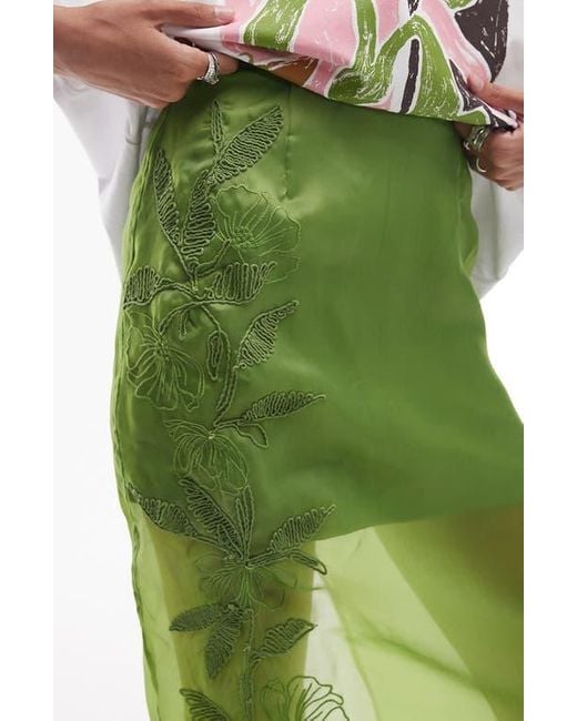TOPSHOP Green Embroidered Cotton Organza Midi Skirt