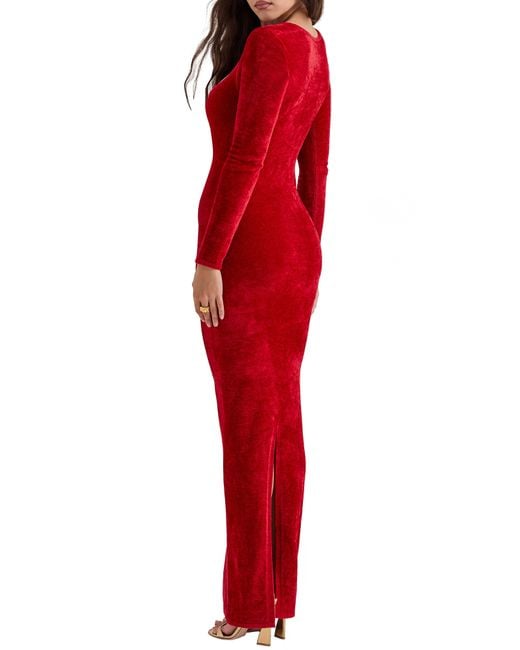 House Of Cb Red Aria Long Sleeve Chenille Gown
