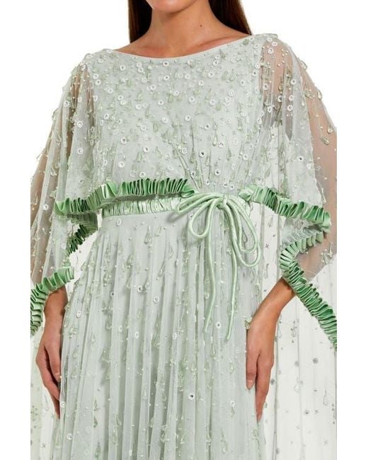 Mac Duggal Beaded Cape Sleeve Gown With Ruffled Trim Detail in Green | Lyst