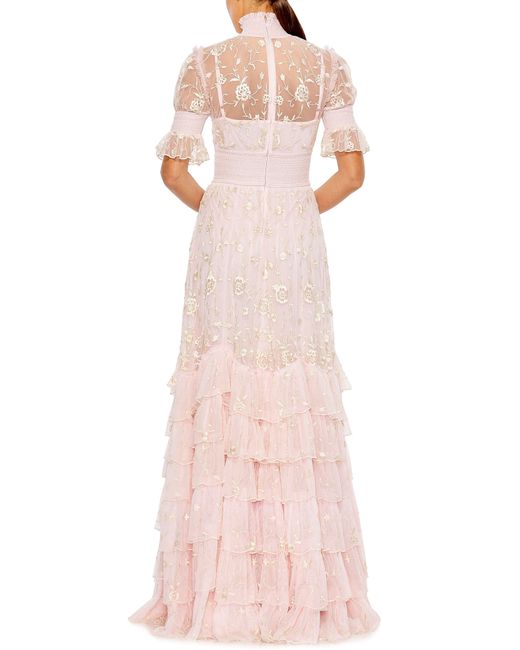 Mac Duggal Pink Floral Embroidered Tiered Ruffle Gown