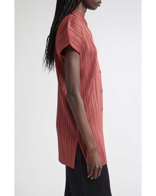 Pleats Please Issey Miyake Red Monthly Colors May Pleated Short Sleeve Shirtdress