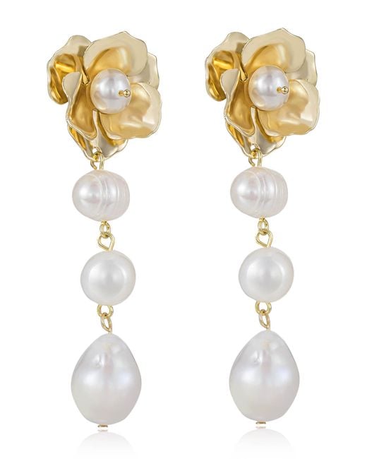 Ettika White Cultured Freshwater Pearl Drop Floral Earrings