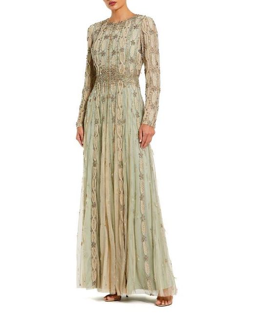 Mac Duggal Women's Natural Embellished Mesh Long Sleeve A Line Gown Mac Duggal Women's Natural Embellished Mesh Long Sleeve A Line Gown