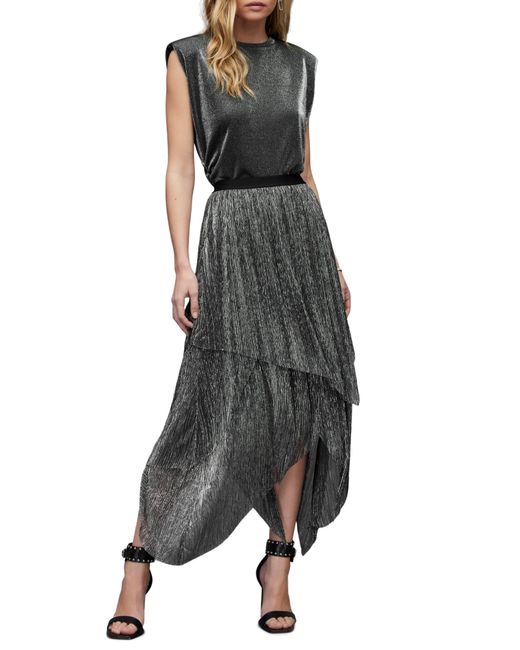 AllSaints Black Veena Metallic Shimmer Asymmetric Skirt