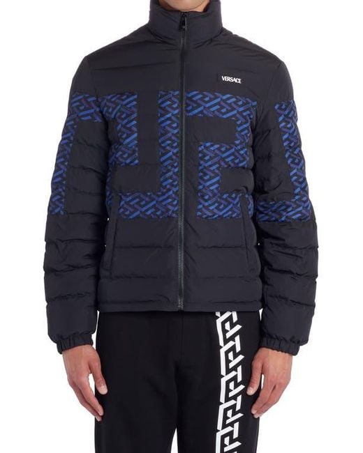 Versace Blue La Greca Monogram Print Down Puffer Jacket for men