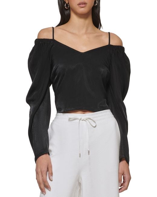 DKNY Off The Shoulder Puff Sleeve Linen Top in Black Lyst