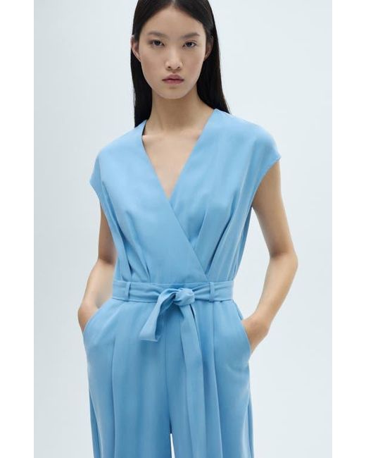 Mango Blue Tie Waist Faux Wrap Wide Leg Jumpsuit