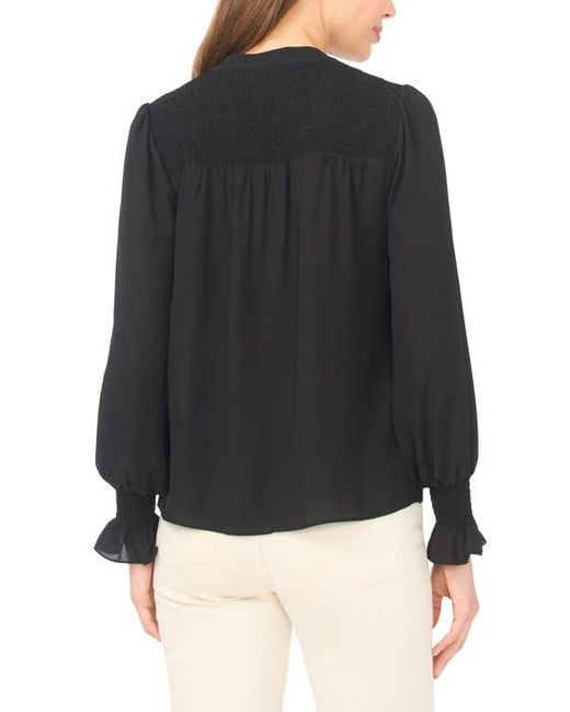 Cece Black Half Placket Smocked Accent Top