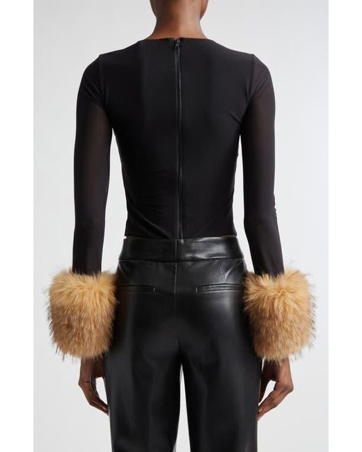 Alice + Olivia Black Delaina Faux Fur Cuff Mesh Crop Top