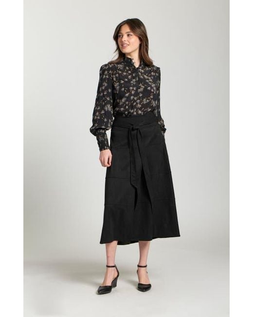 Apny Black Faux Suede Paneled A-Lined Midi Skirt