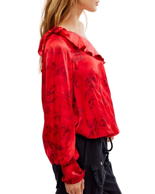 Free People Red These Nights Floral One-shoulder Satin Top