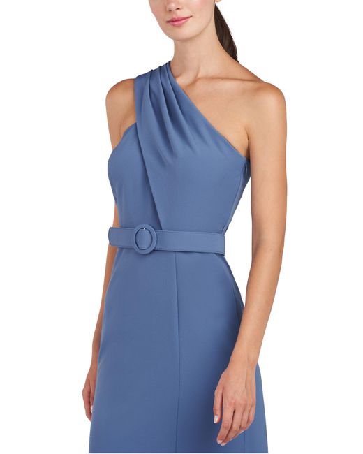 Kay Unger Blue Bowie One-shoulder Belted Gown