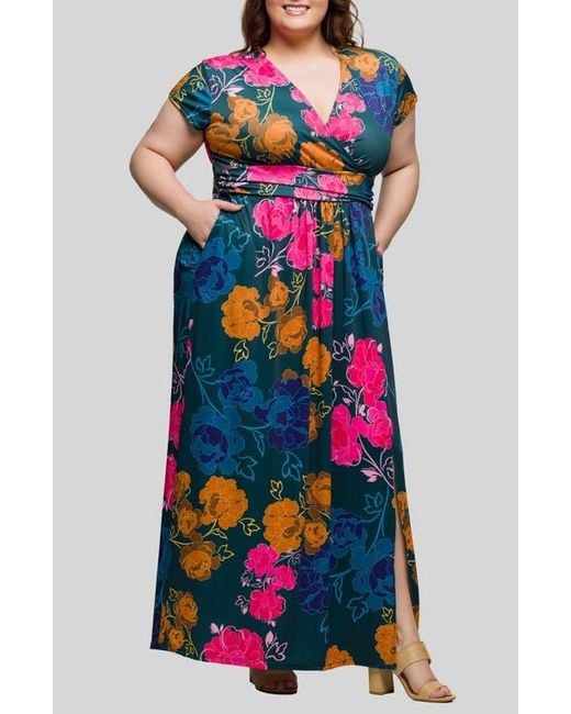 24seven Comfort Apparel Blue Floral Knit Maxi Dress
