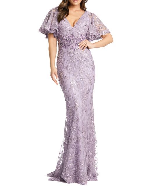 Mac Duggal Purple Sequin Butterfly Sleeve Lace Gown