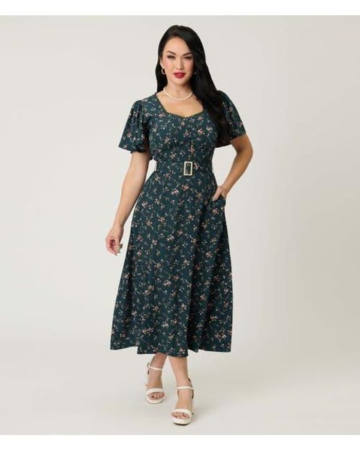 Unique Vintage Short Puff Sleeve Sweetheart Neck Godet Midi Dress in Blue |  Lyst