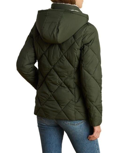 Ralph Lauren Green Diamond Puffer Coat With Faux Shearling Lining