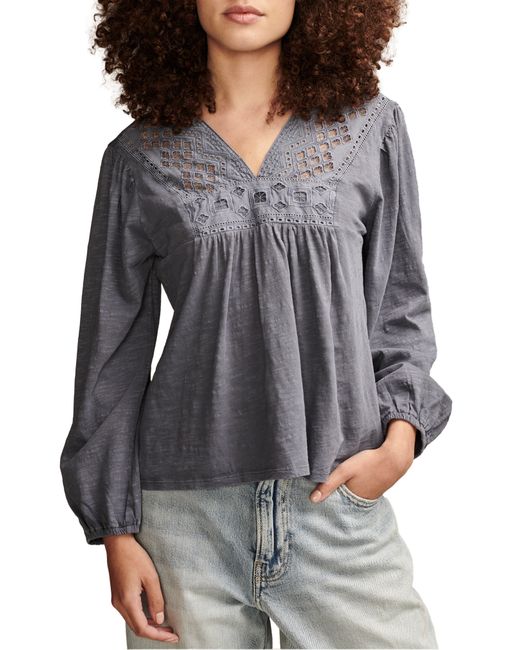 Lucky Brand Gray Lace Trim Cotton Peasant Top