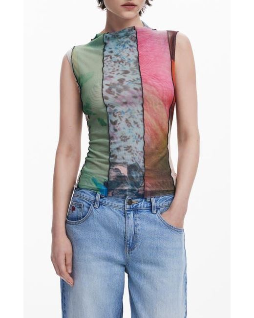 Desigual Blue Mixed Print Mesh Tank