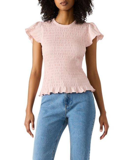 Steve Madden Blue Cecilie Smocked Ruffle Cotton Sleeve Top