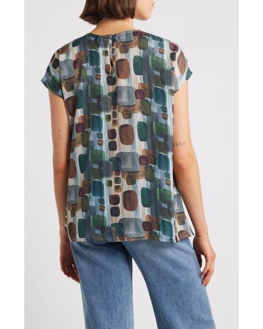 Apny Blue Geometric Print Cap Sleeve Shell