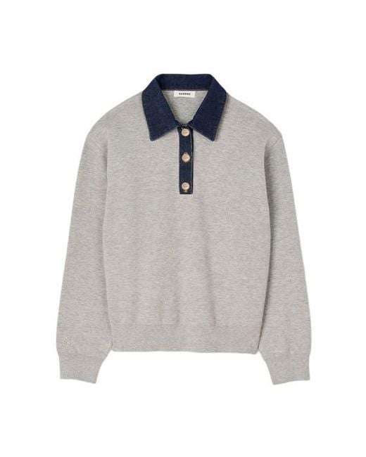 Sandro Blue Sweater With Denim Collar