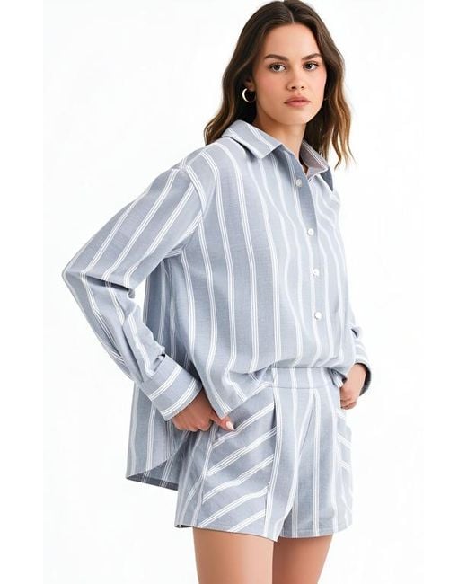 Modenaire Blue Striped Button-Up Shirt And High-Waist Shorts Set With Relaxed Fit