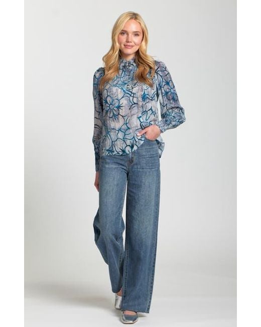 Apny Blue Puff Shoulder Button Front Top