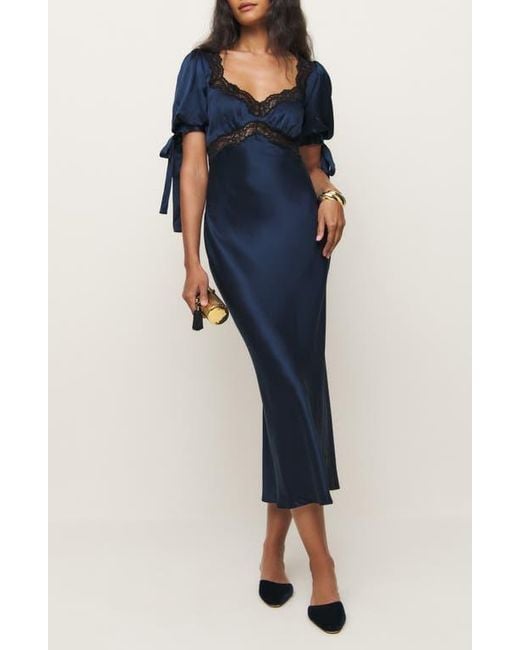 Reformation Blue X Kacey Musgraves Stella Lace Trim Silk Midi Dress