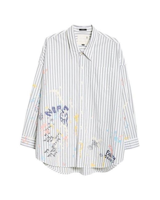 R13 Gray Drop Neck Stripe Scribble Print Button-Up Shirt