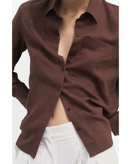 Mango Brown Straight Lyocell & Linen Button-Up Shirt